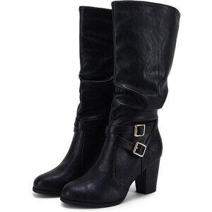 Women Black 1 Mid Knee High Boots Chunky Heel Slouchy Metal Buckle Winter Shoes